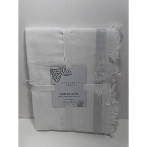 Evergreen Grove Tablecloth 52"x70" White W Silver Detail Oblong Cotton Lurex New